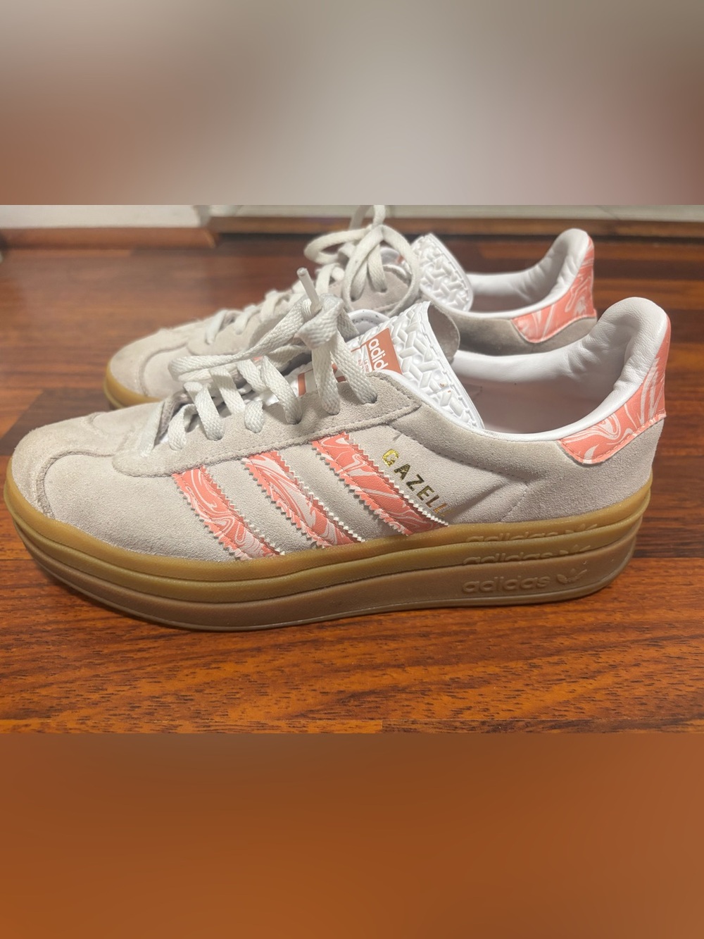 adidas Gazelle Women's Light Gray Suede Sneakers with Coral Stripe Detail